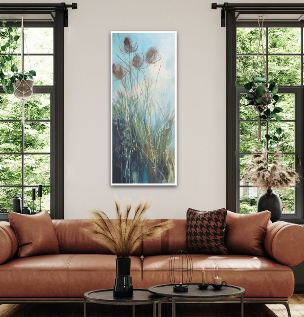 Photo of Angela Sowdens painting Tall Teasels, for sale at the Seaview Art Gallery Isle of Wight