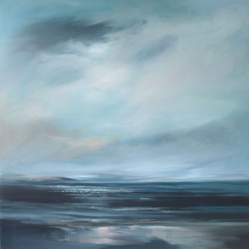 Acrylic painting of a moonlit sea. A moody blue seascape inspired by life on the Isle of Wight, by Angela Sowden