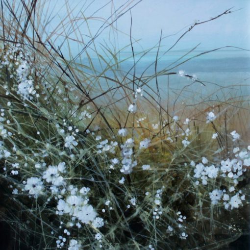 Acrylic painting by Angela Sowden of white blackthorn flower with a misty sea in the background. Inspired by life on the Isle of Wight.