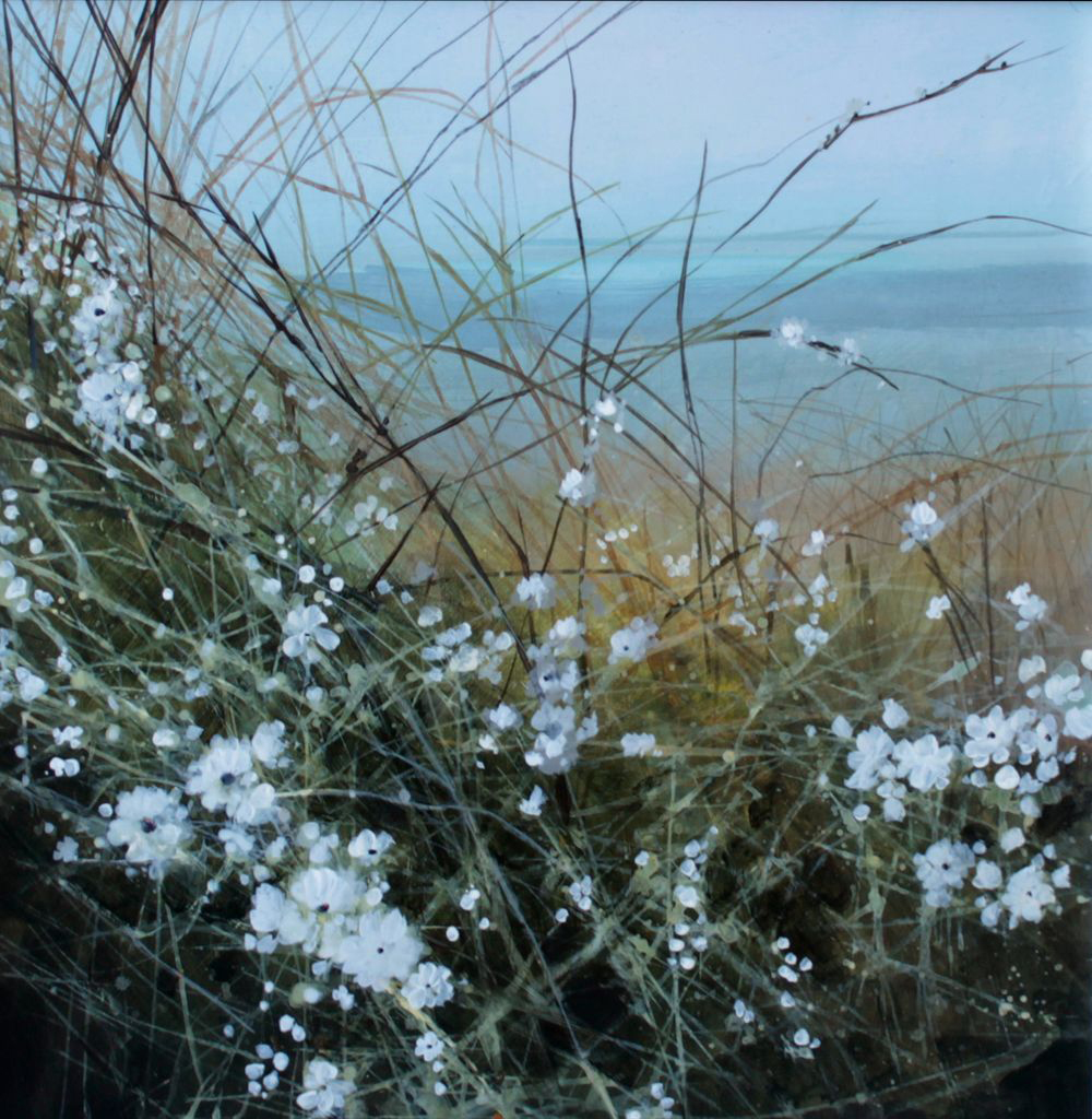 Acrylic painting by Angela Sowden of white blackthorn flower with a misty sea in the background. Inspired by life on the Isle of Wight.
