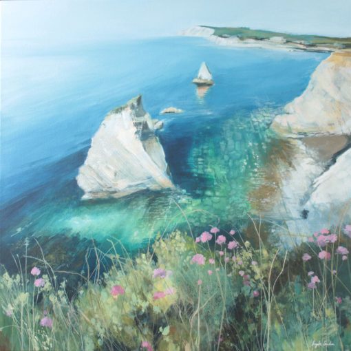 Acrylic painting by Angela Sowden depicting a view of the sea and cliffs at Freshwater Bay on the Isle of Wight