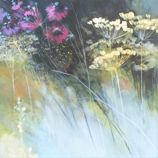 Acrylic painting of Golden grasses and pink wildflowers by Angela Sowden.
