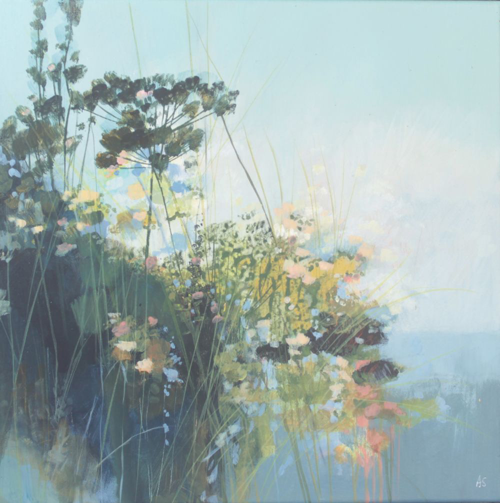 Angela Sowden Painting of sunlit and silhouetted wild flowers by the coast on the Isle of Wight