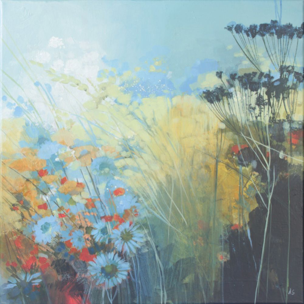 Acrylic painting by Angela Sowden of a Golden Tangle of wildflowers on the Isle of Wight.