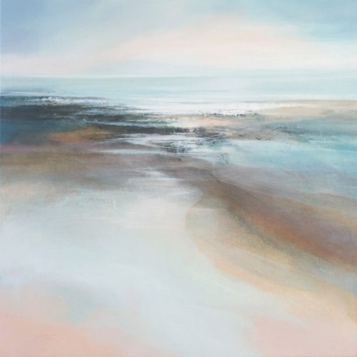Abstract Acrylic Painting by Angela Sowden. Blue sky and sea with expanse of soft sands at Compton Bay Isle of Wight.