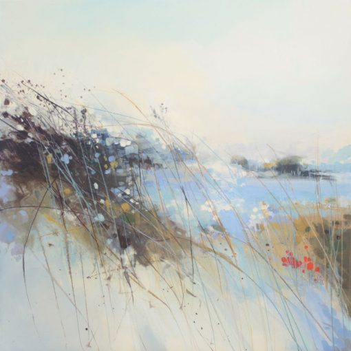 Abstract painting of a tangle of bankside flowers next to a creek. By Angela Sowden.