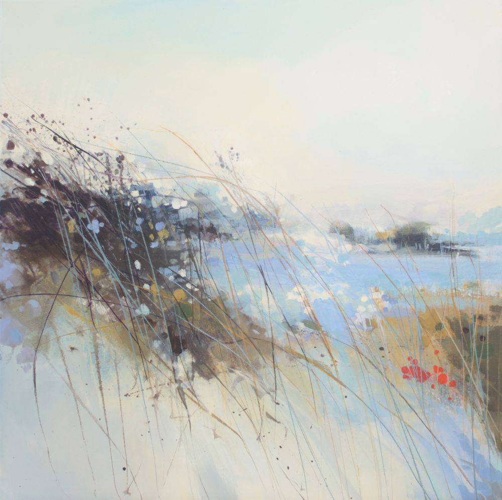 Abstract painting of a tangle of bankside flowers next to a creek. By Angela Sowden.