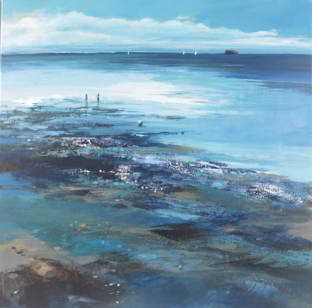 Acrylic painting depicting low tide at the Duver on the Isle of Wight. Sailing boats and the Solent Fort in the distance. Painted by Angela Sowden, Isle of Wight Artist.