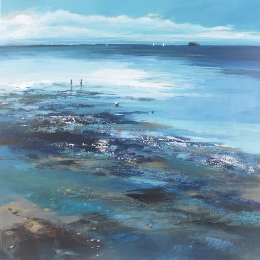 Acrylic painting depicting low tide at the Duver on the Isle of Wight. Sailing boats and the Solent Fort in the distance. Painted by Angela Sowden, Isle of Wight Artist.