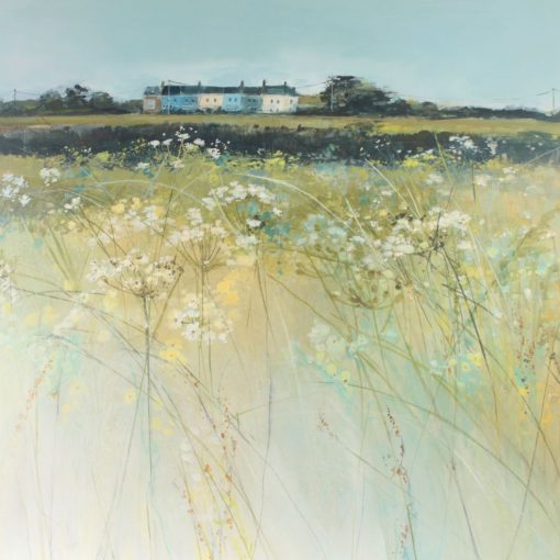 Rural painting of Coastguard cottages on the Isle of Wight, looking across a sunlit field of wild flowers. By Angela Sowden Isle of Wight Artist.