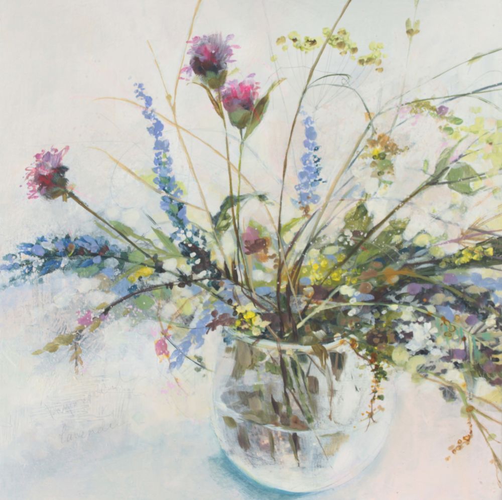 Meadow Grass in a Glass 1 - Loose painting in acrylics of meadow flowers in a bulbous glass by Angela Sowden Artist