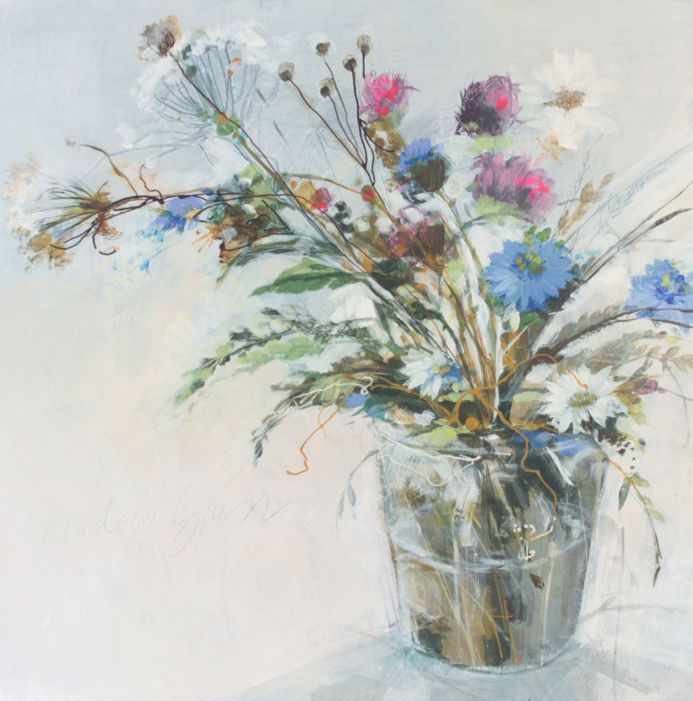 Acrylic Painting of Meadow Flowers in a glass jar by Angela Sowden Artist.
