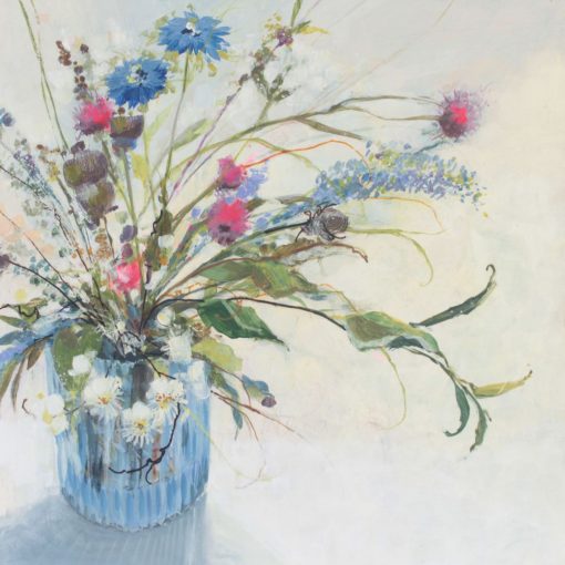 Meadow Grass and Flowers in a blue ridged glass. Acrylic painting by Angela Sowden, Isle of Wight Artist.