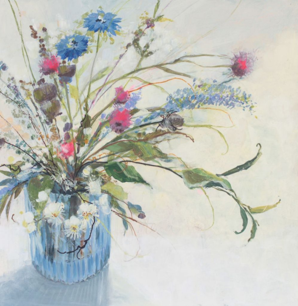 Meadow Grass and Flowers in a blue ridged glass. Acrylic painting by Angela Sowden, Isle of Wight Artist.