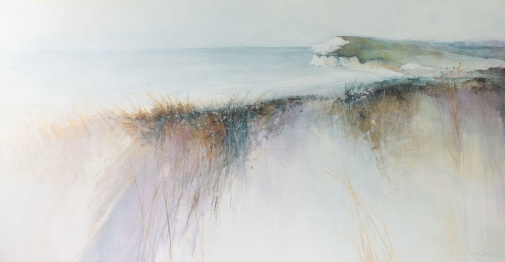 Mixed media painting of Tennyson Down from the cliffs at Freshwater by Angela Sowden, Isle of Wight Artist.